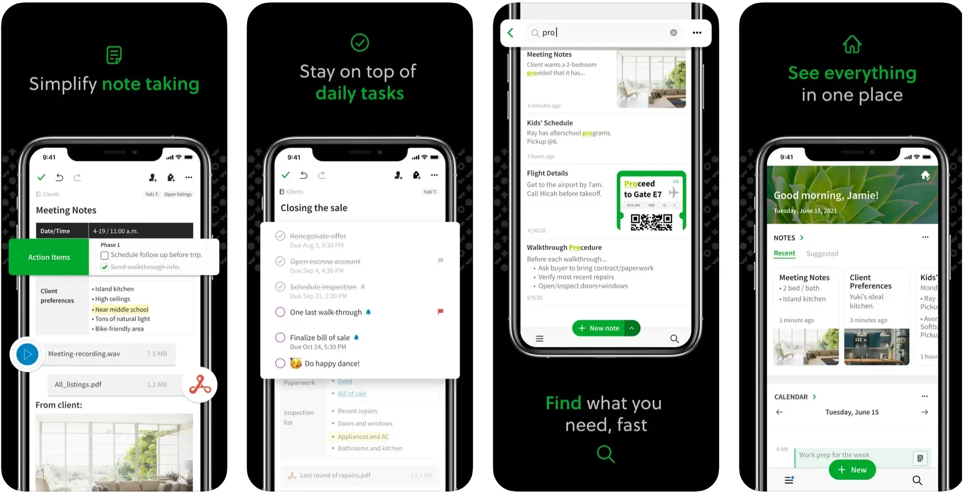 Evernote app screenshots showing note taking, daily task lists, and search