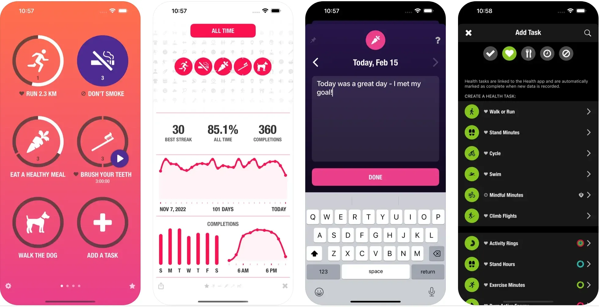 Streaks app screenshots showing habit circles, streak statistics, and health tasks