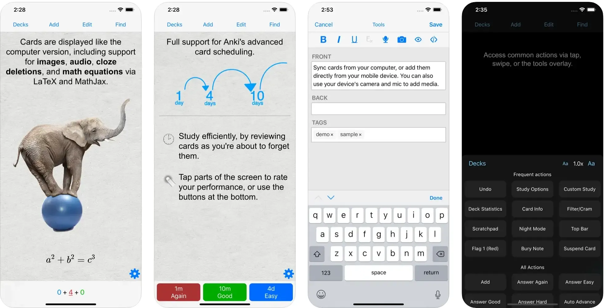 AnkiMobile app screenshots showing flashcards with spaced repetition scheduling
