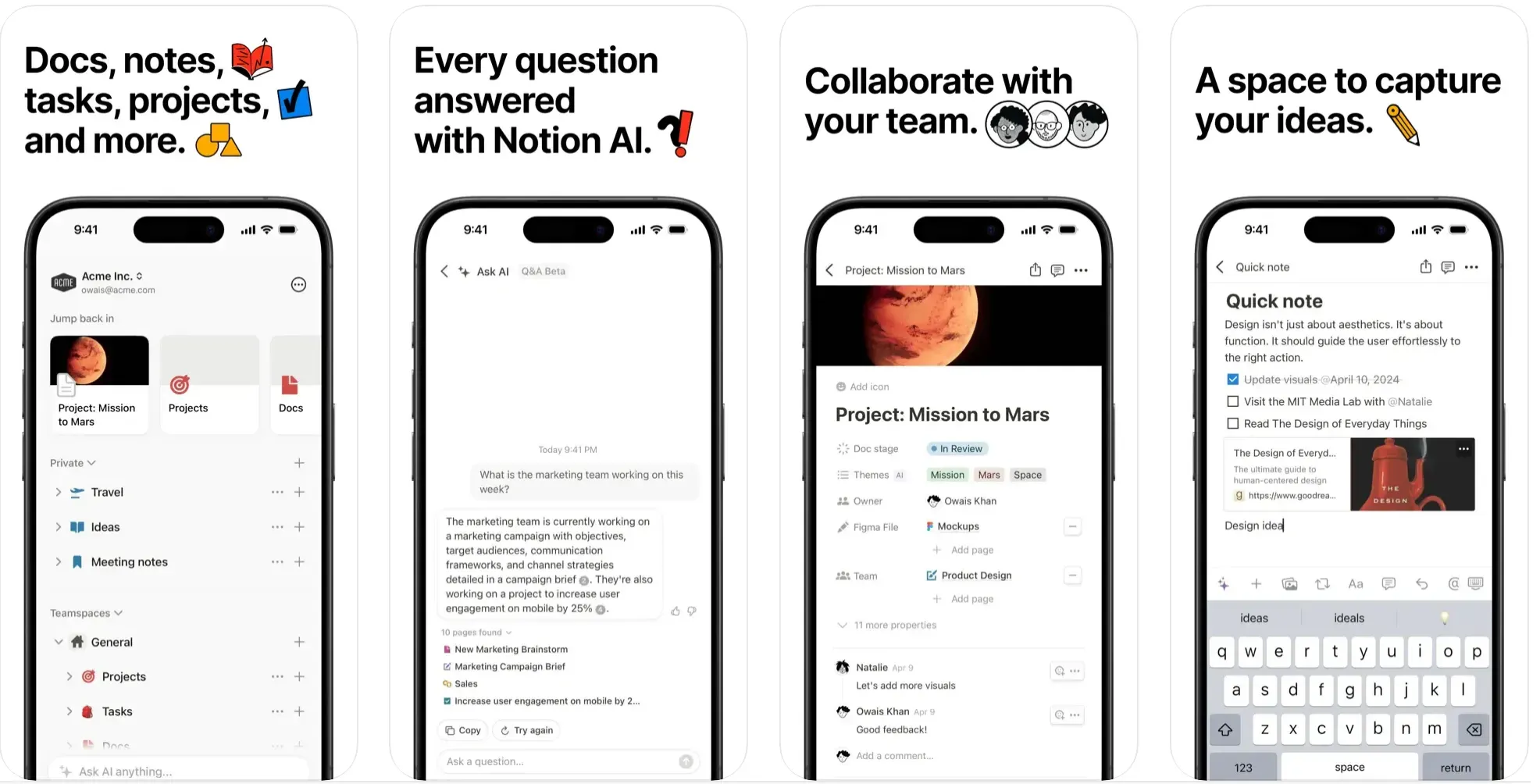 Notion mobile app screenshots showing notes, Notion AI, and team collaboration