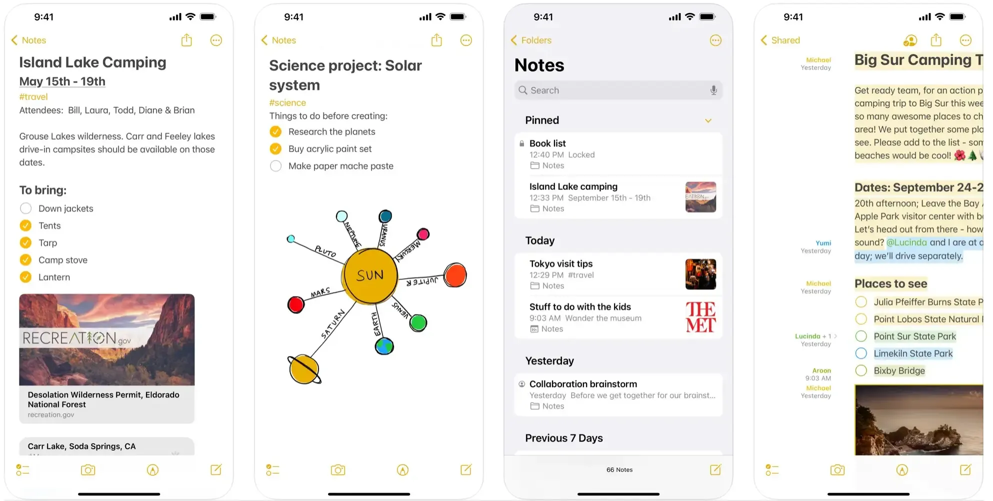 Apple Notes app screenshots showing pinned notes, sketches, and shared folders