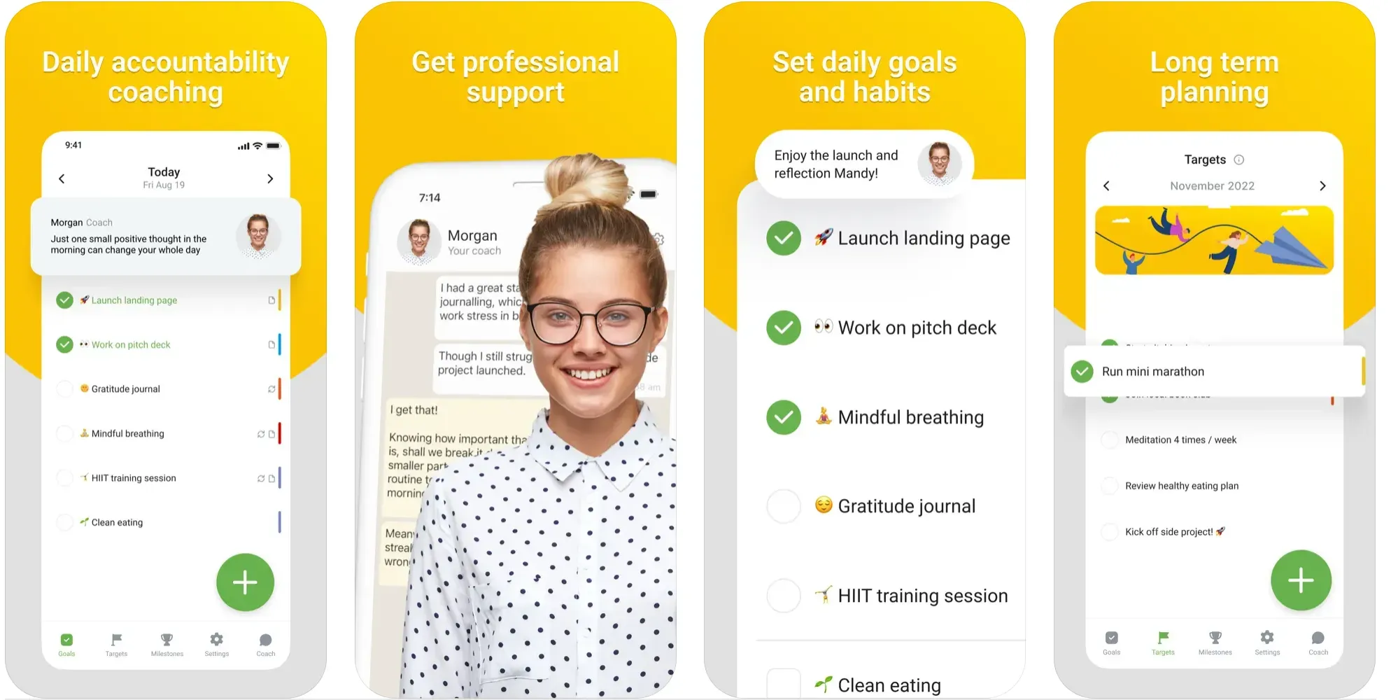 GoalsWon app screenshots showing daily accountability coaching, goals, and long term planning
