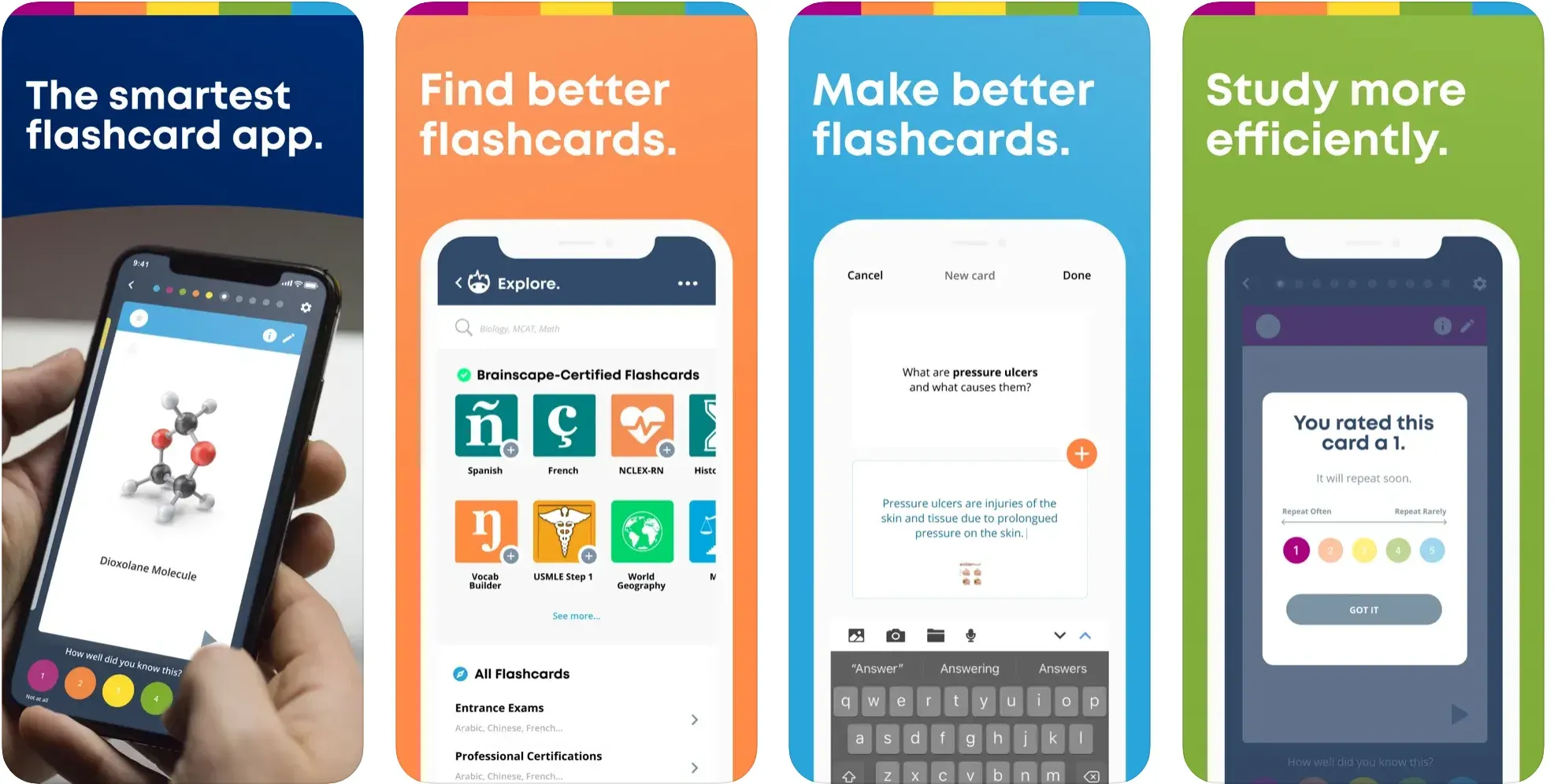 Brainscape app screenshots showing certified flashcard decks and confidence ratings