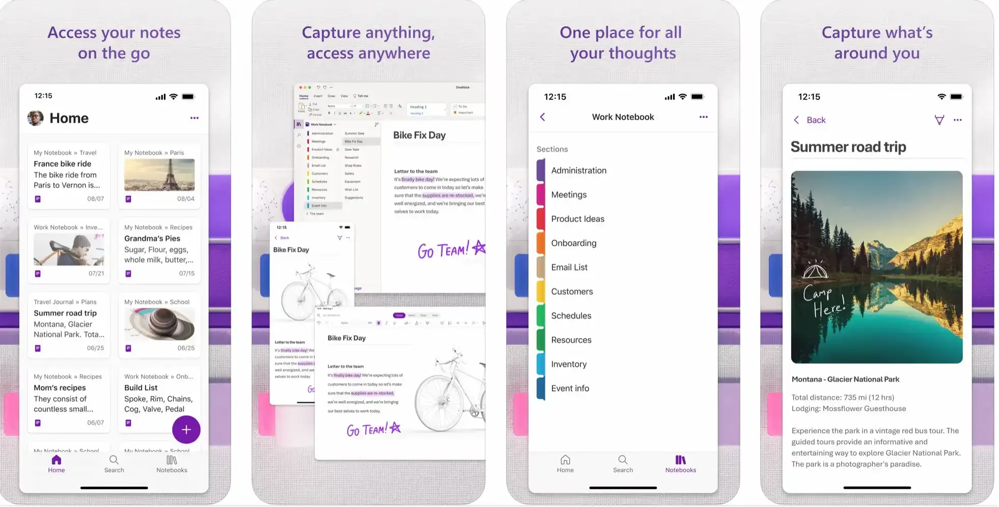 OneNote app screenshots showing synced notebooks, sections, and multimedia notes