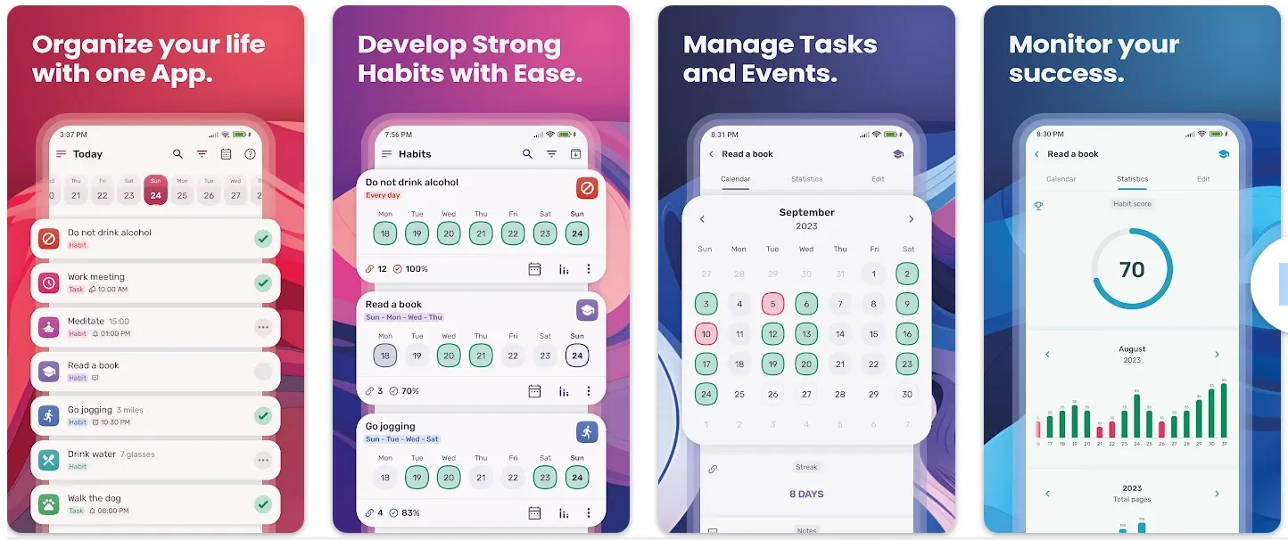 HabitNow app screenshots showing habit tracking, calendar view, and progress statistics