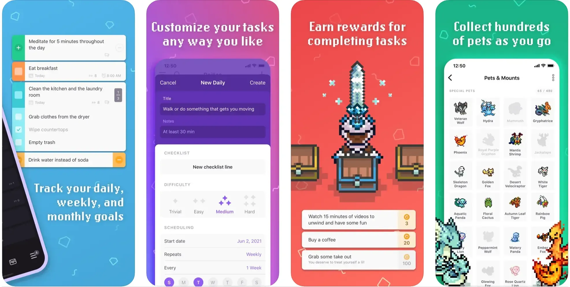 Habitica app screenshots showing gamified task lists, rewards, and collectible pets