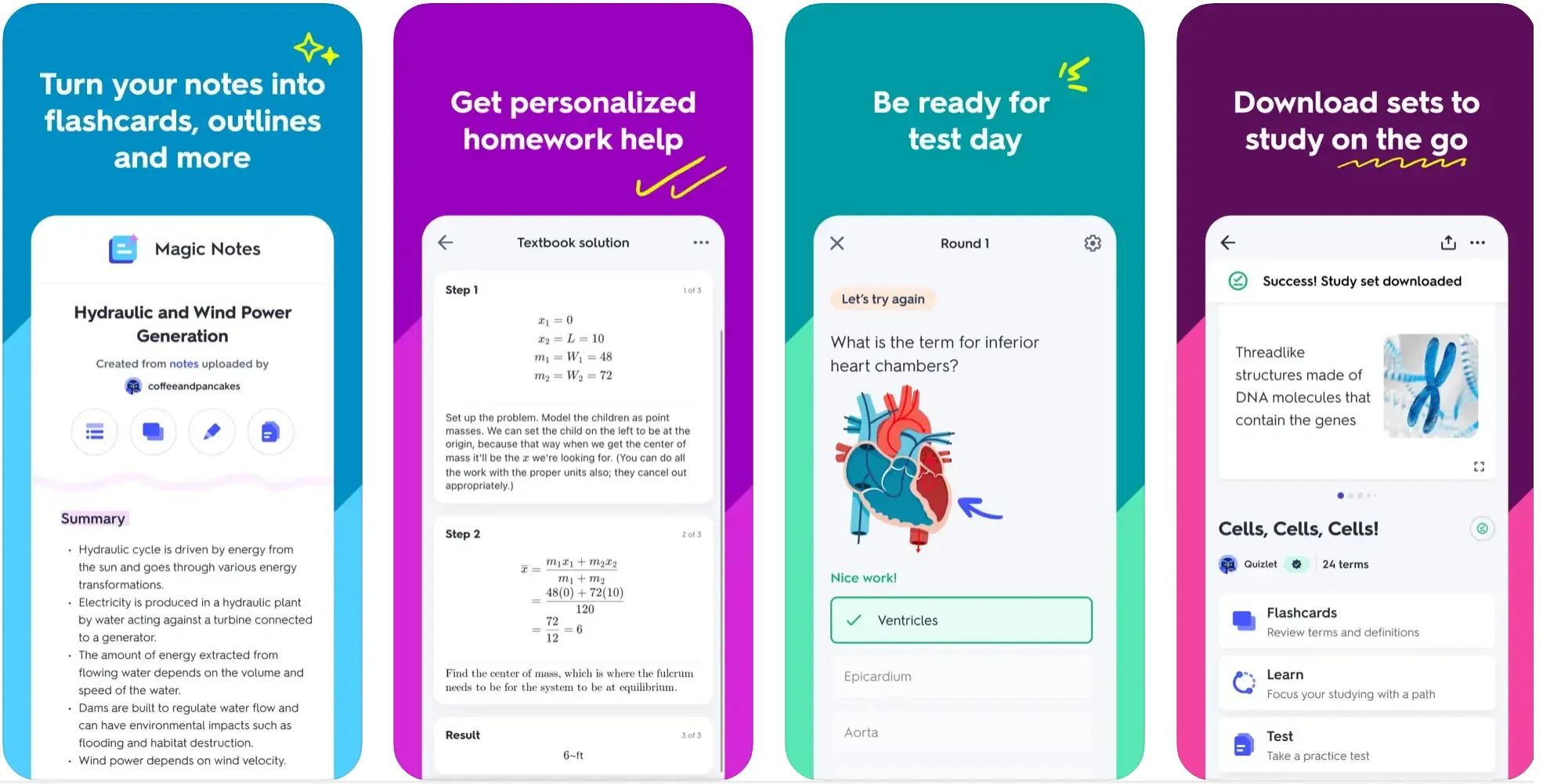 Quizlet app screenshots showing flashcards, homework help, and practice tests