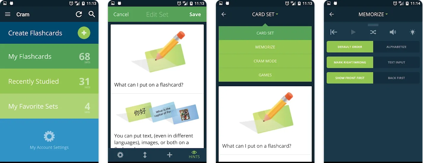 Cram app screenshots showing flashcard sets and memorize mode