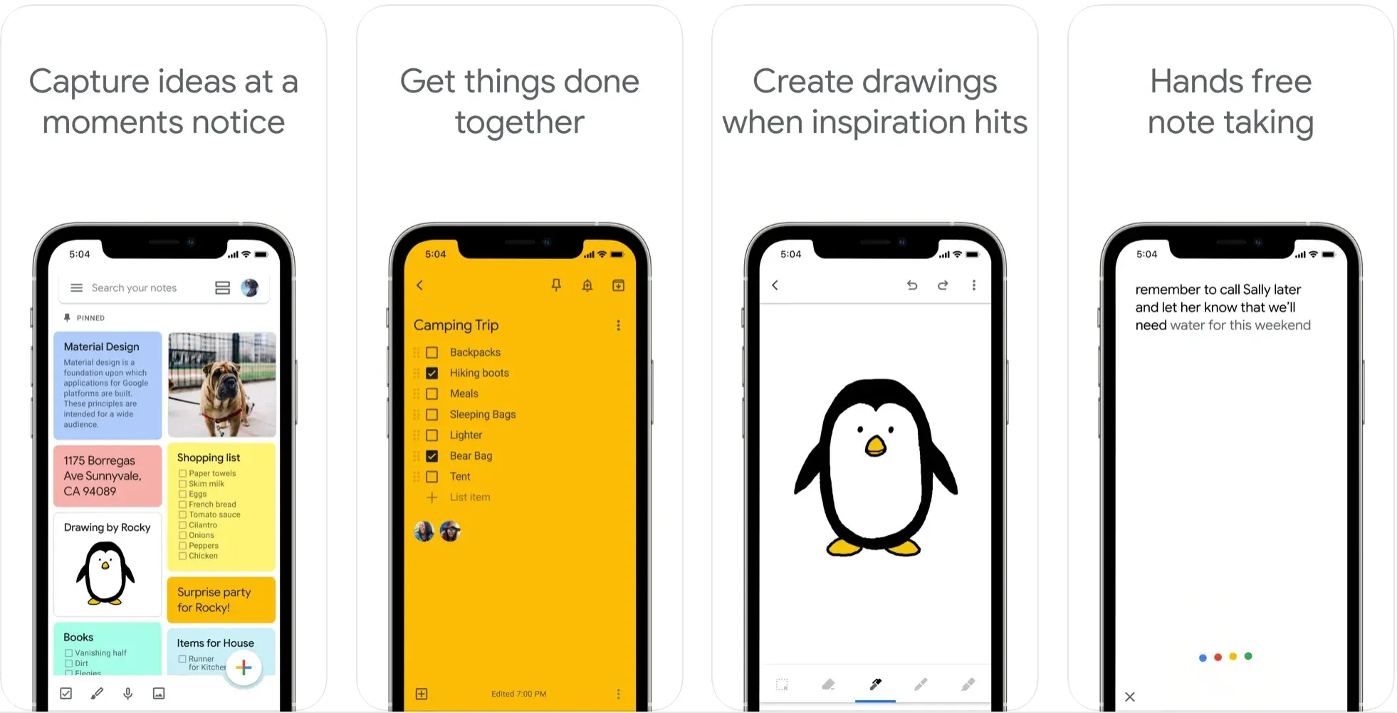 Google Keep app screenshots showing colorful notes, checklists, and drawings