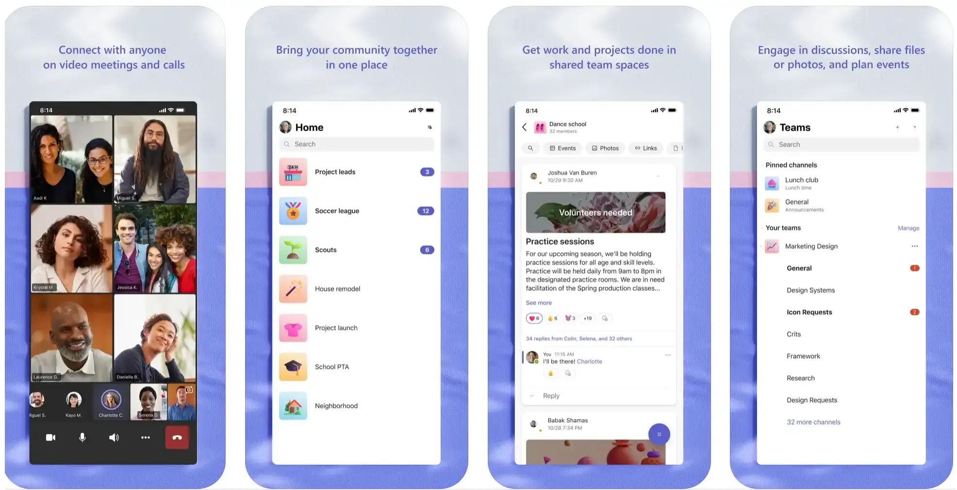 Microsoft Teams app screenshots showing video calls, communities, and team channels