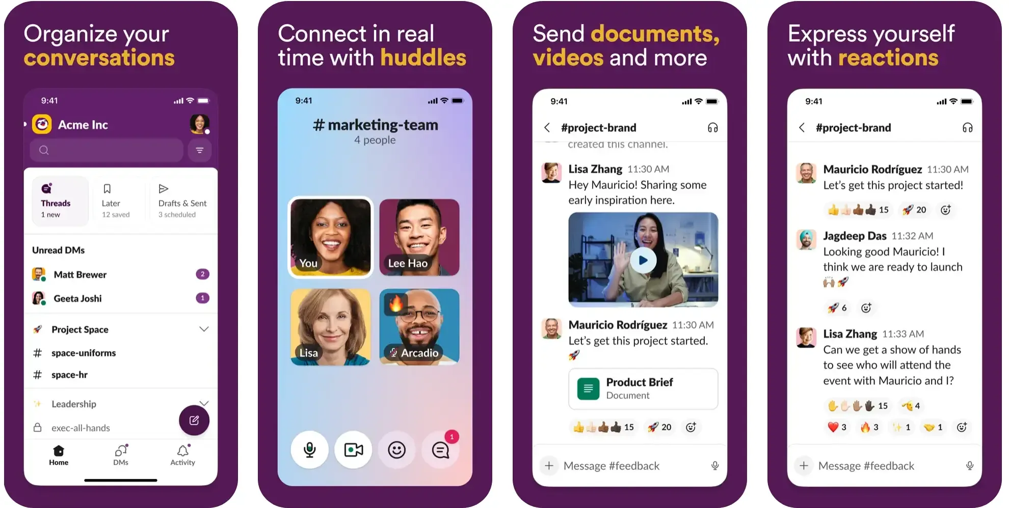 Slack app screenshots showing organized channels, huddles, and emoji reactions