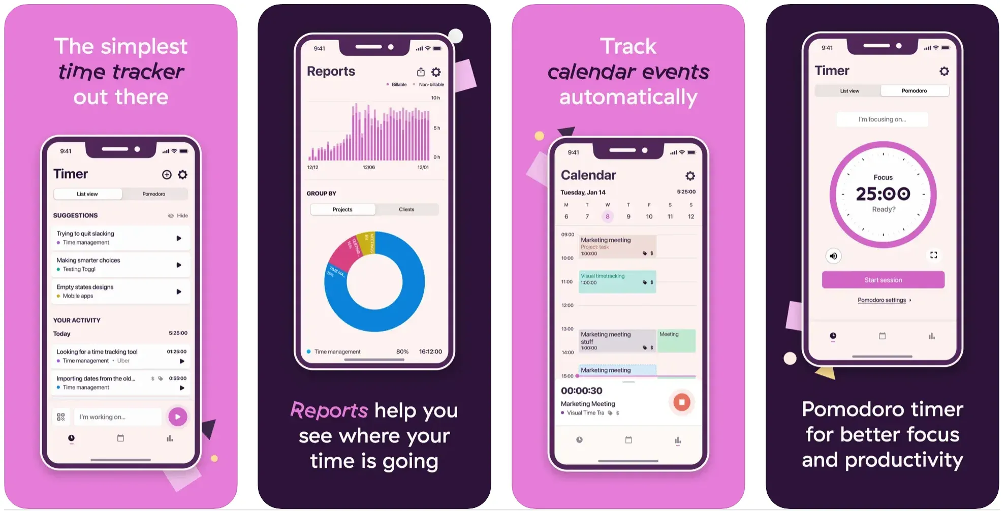 Toggl Track app screenshots showing time tracker, reports, and Pomodoro timer