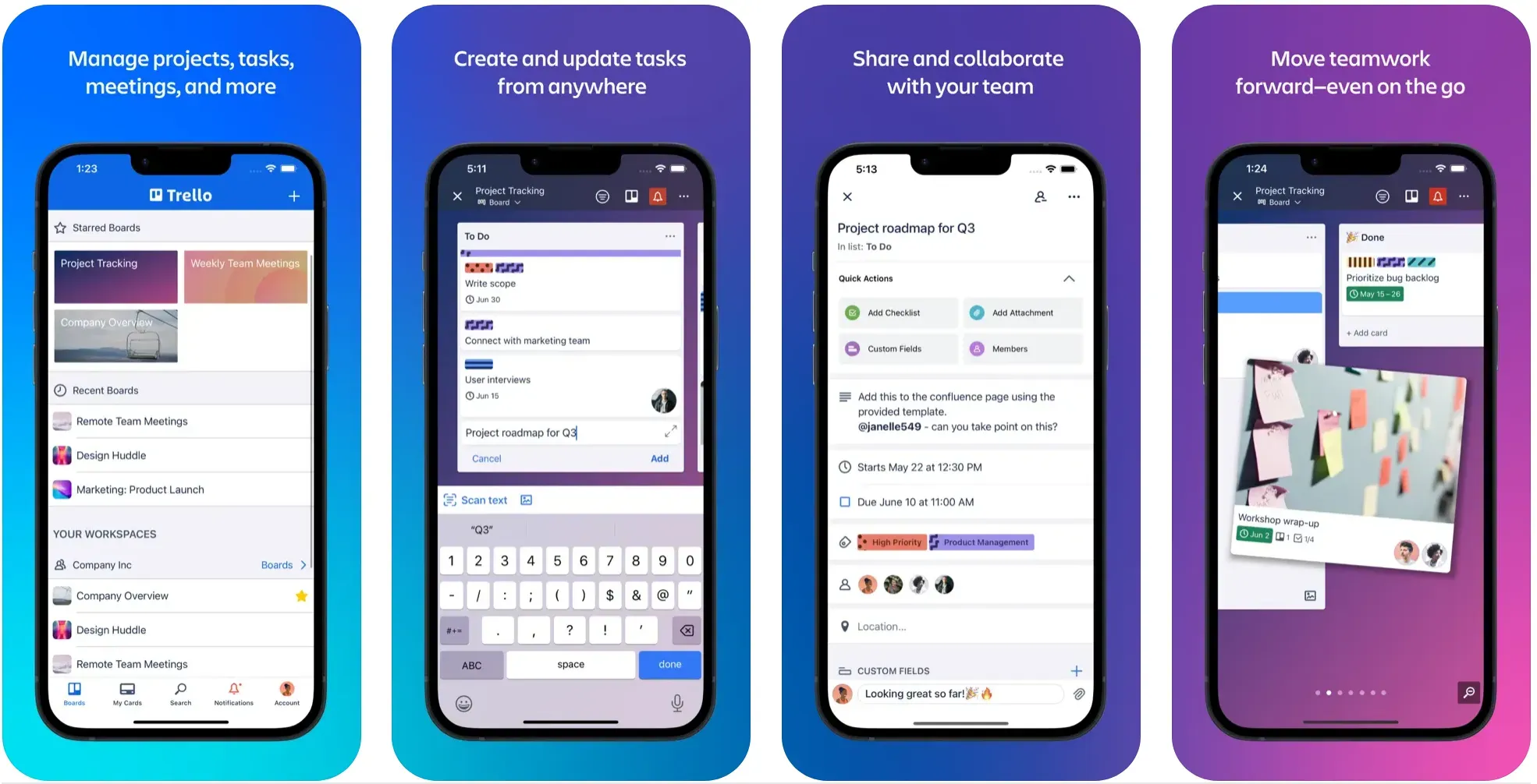 Trello app screenshots showing kanban boards, task cards, and team collaboration