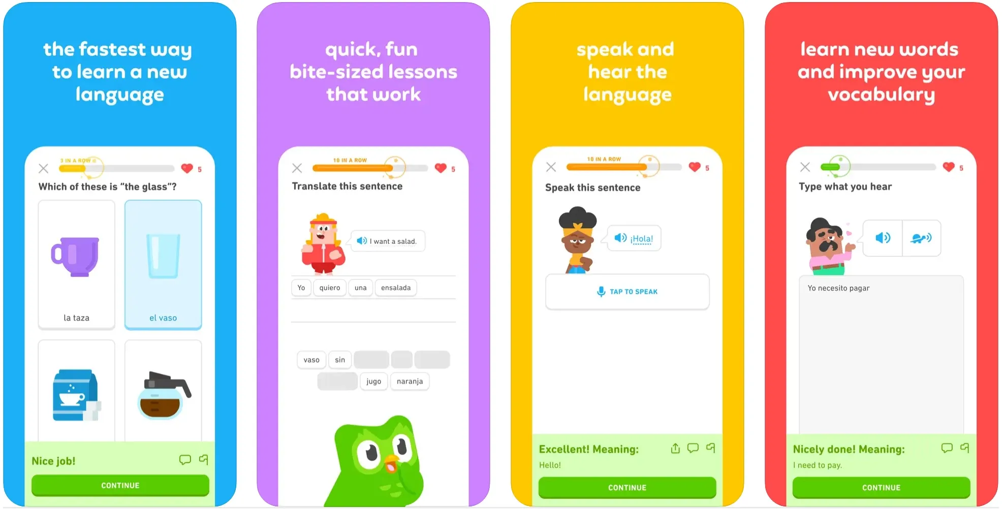 Duolingo app screenshots showing bite-sized language lessons and speaking practice
