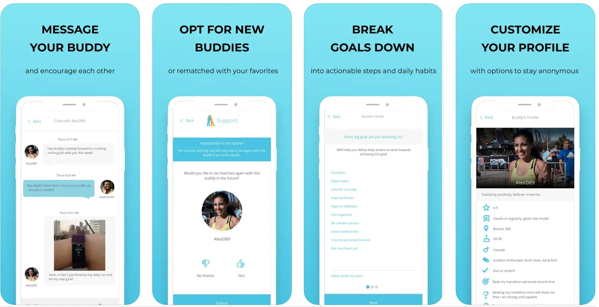 Supporti app screenshots showing accountability buddy chat and goal breakdown