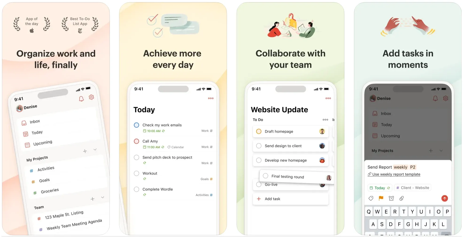 Todoist app screenshots showing today view, team collaboration, and quick task entry