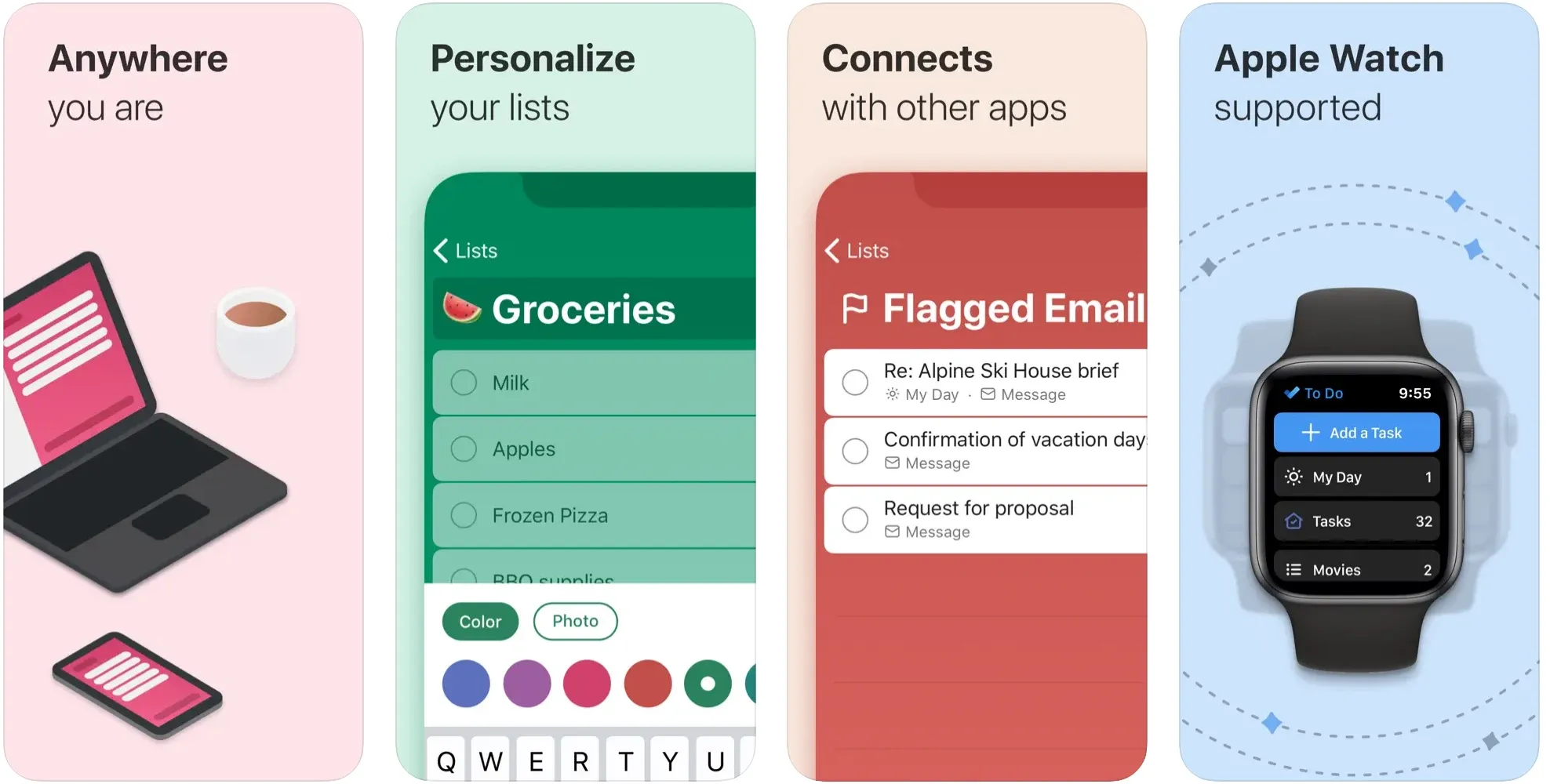 Microsoft To Do app screenshots showing lists, flagged email, and Apple Watch support