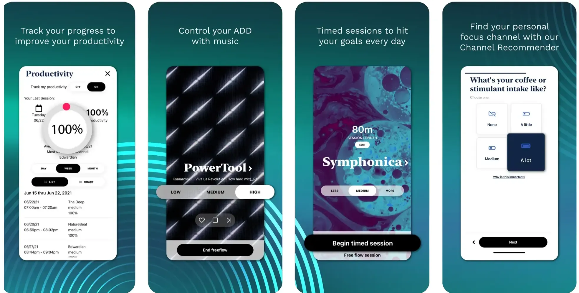 Focus@Will app screenshots showing focus music channels and productivity tracking