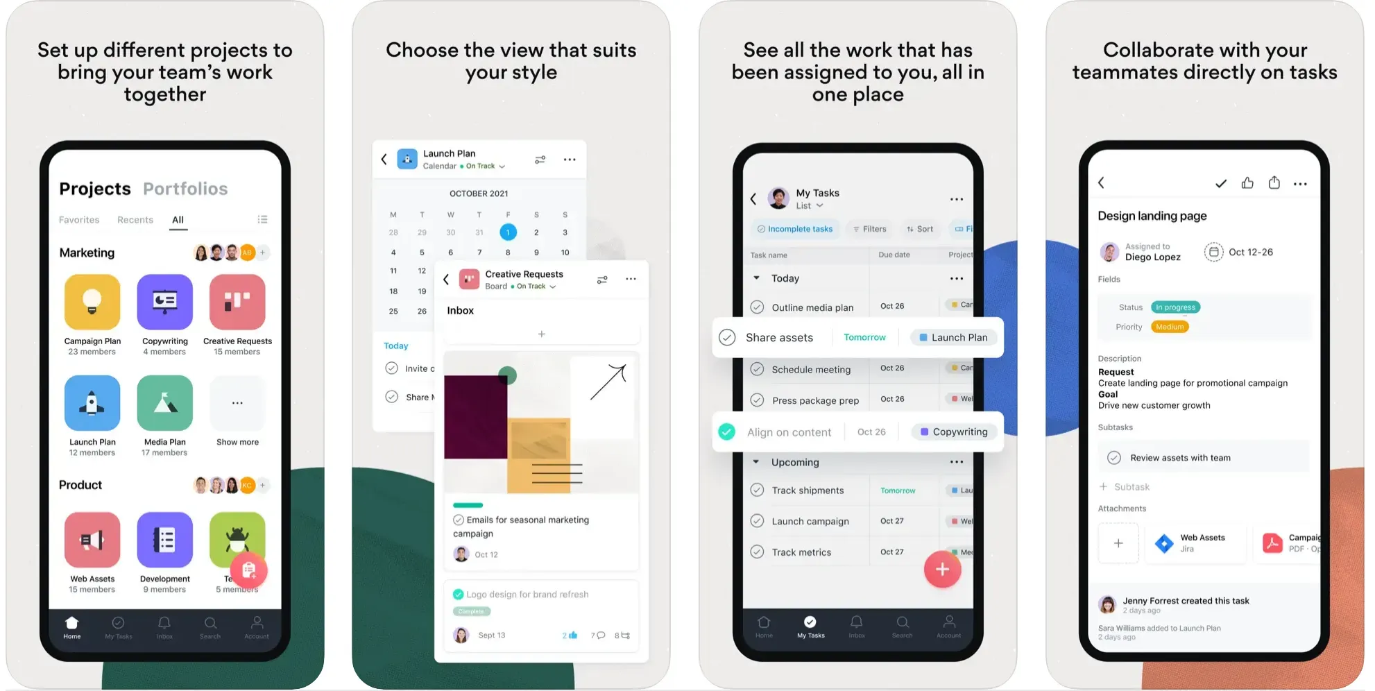 Asana app screenshots showing projects, calendar view, and assigned tasks
