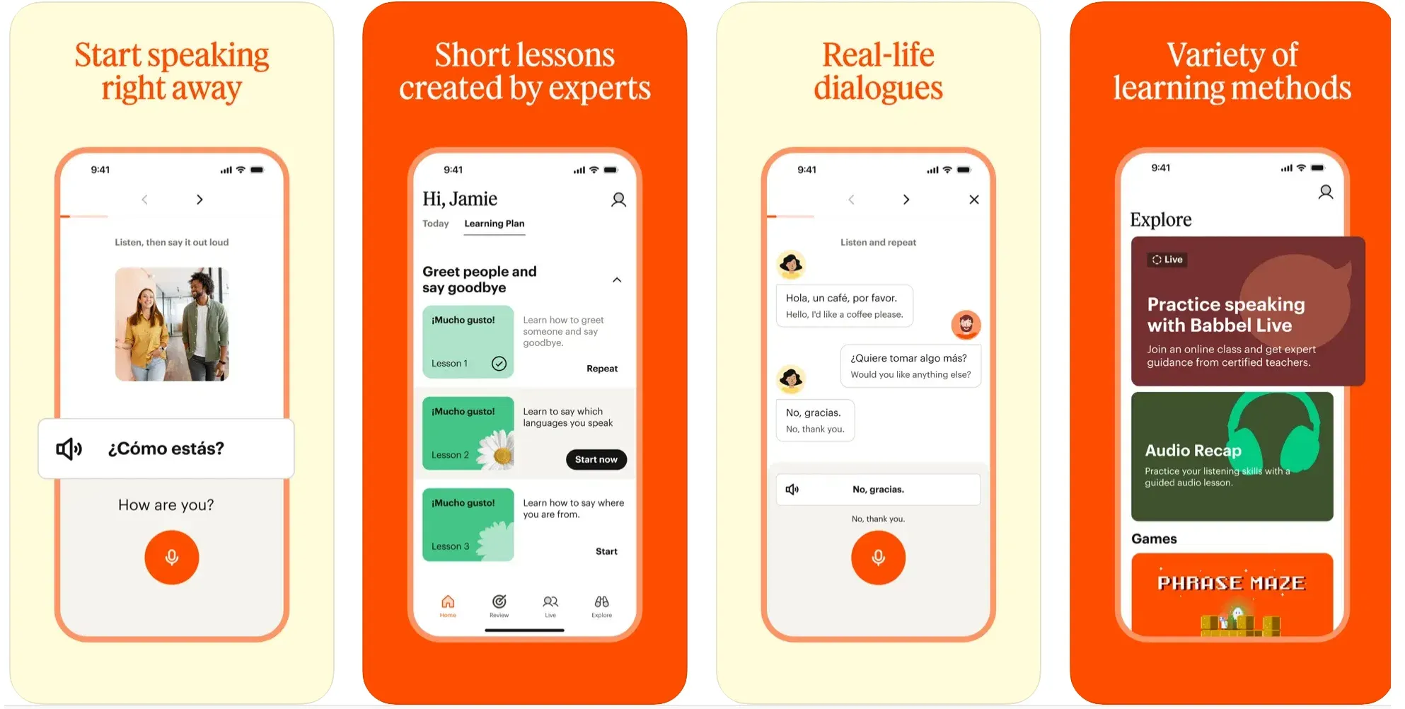 Babbel app screenshots showing conversational lessons and real-life dialogues
