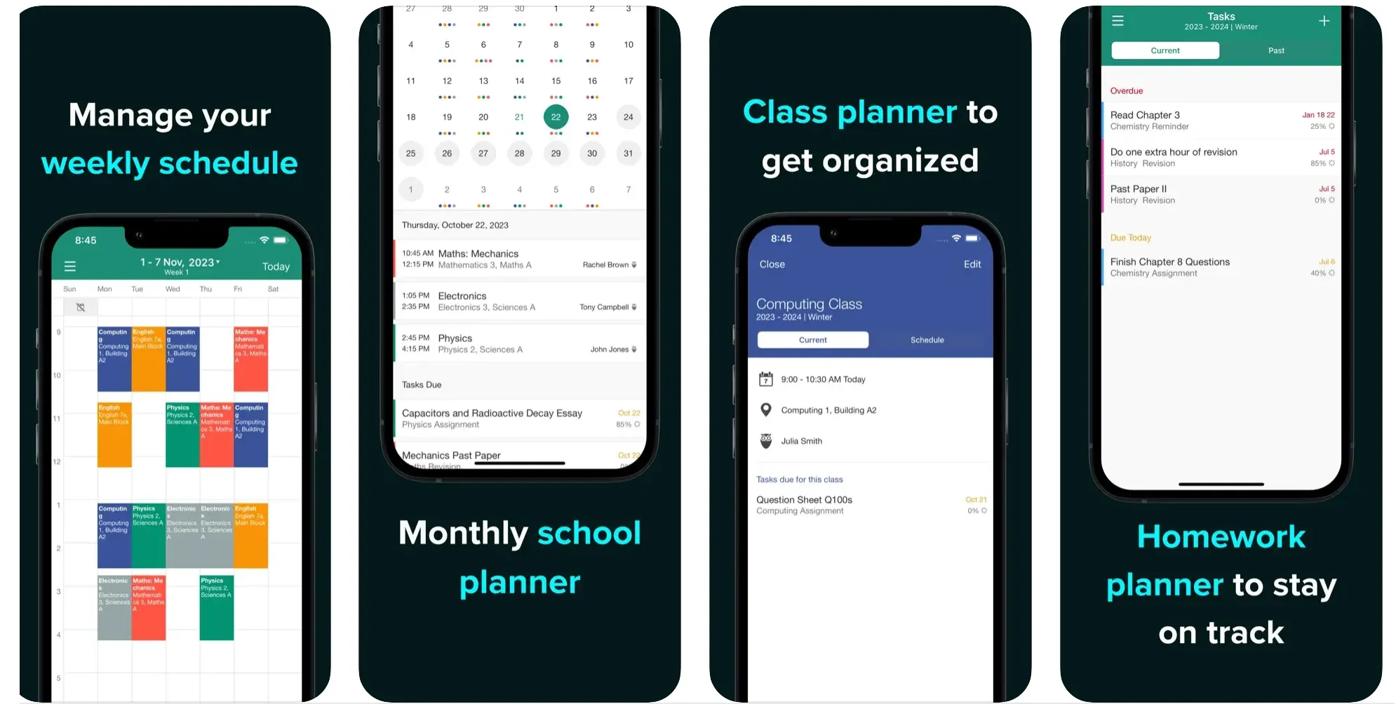 MyStudyLife app screenshots showing weekly schedule, class planner, and homework tracker