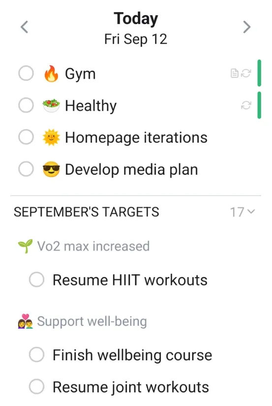 GoalsWon Goals screen showing which monthly targets serve a bigger year target