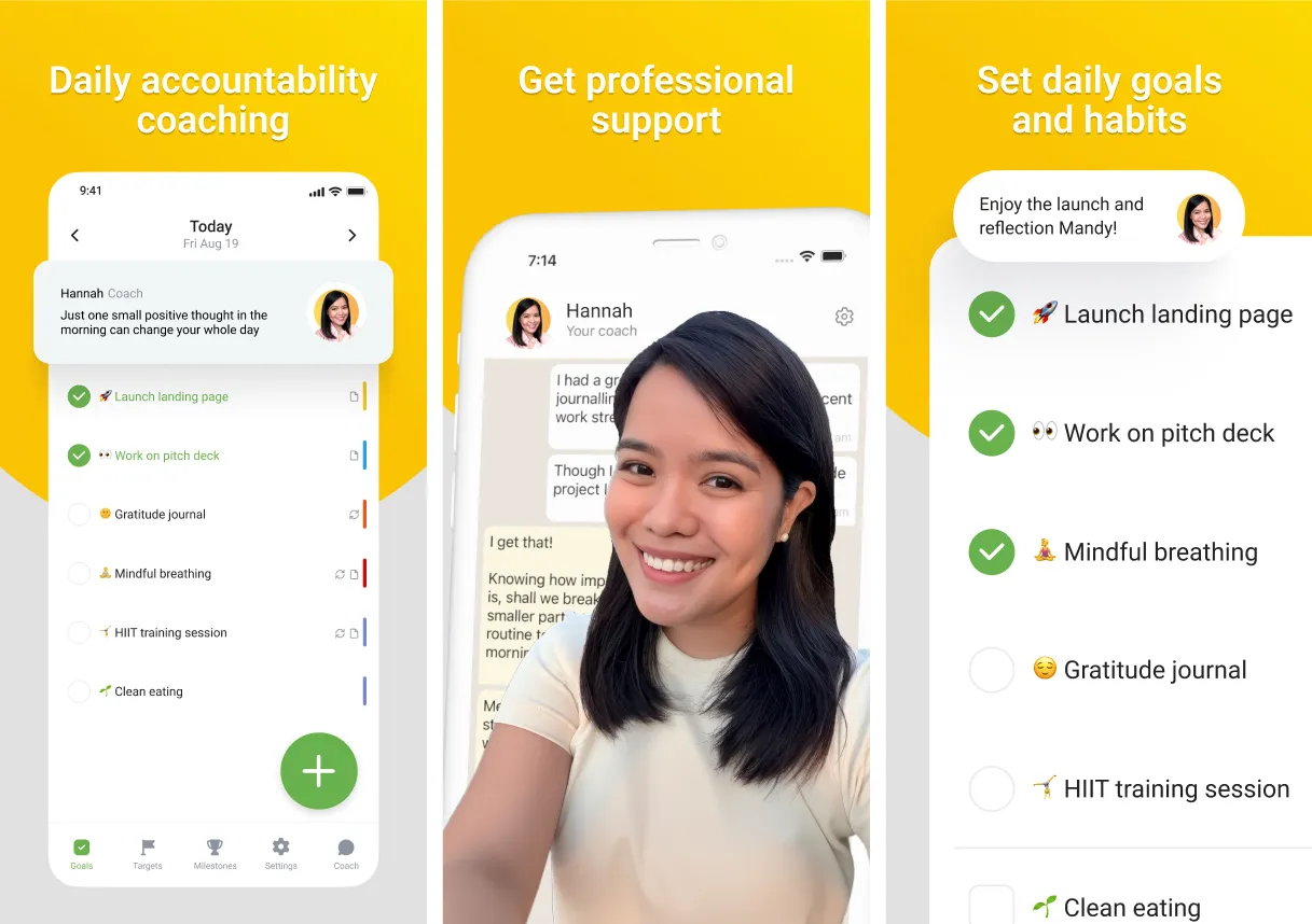 GoalsWon app screenshots showing a daily goals list and coach chat conversation