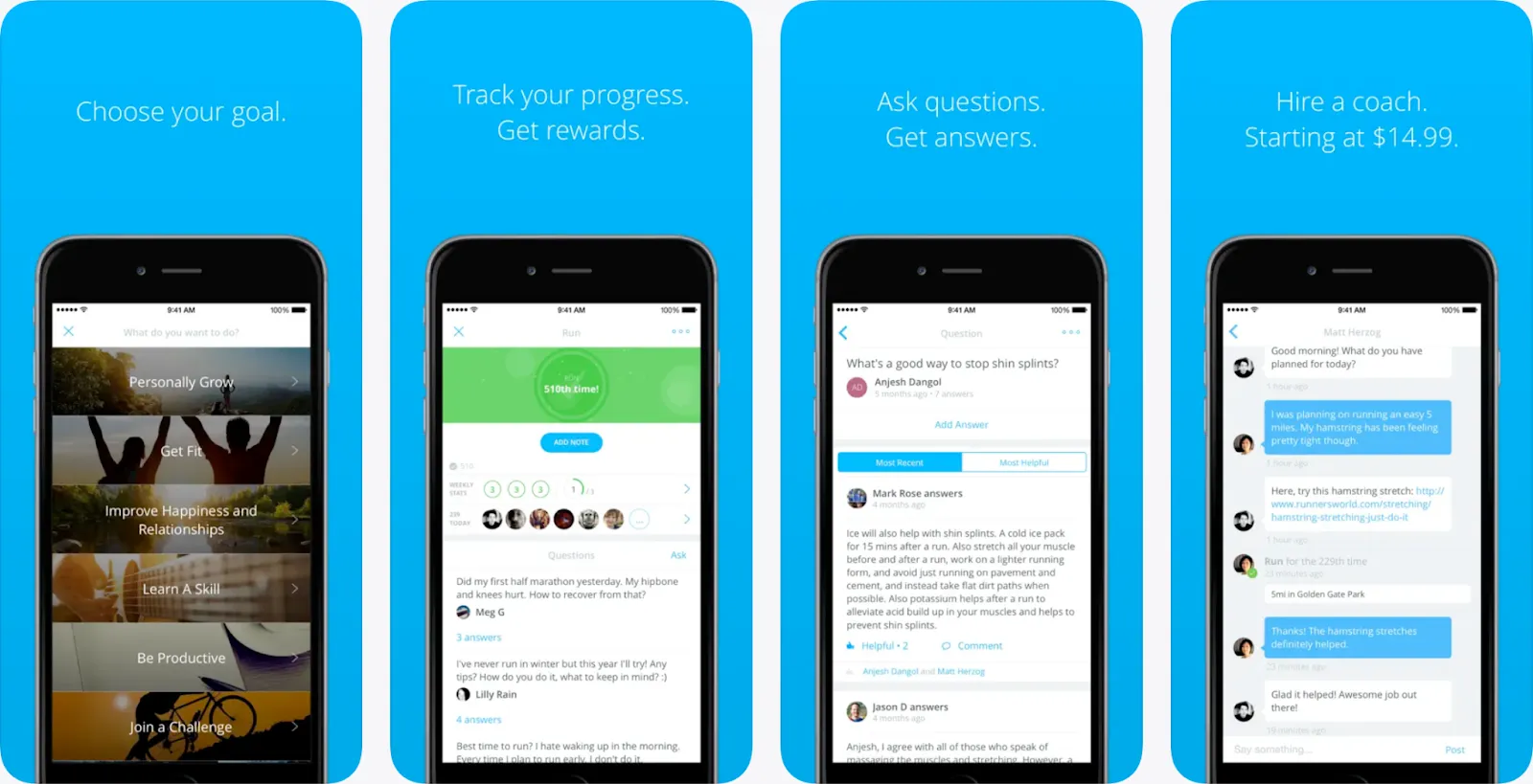 Coach.me app screens for choosing a goal, tracking progress and hiring a coach