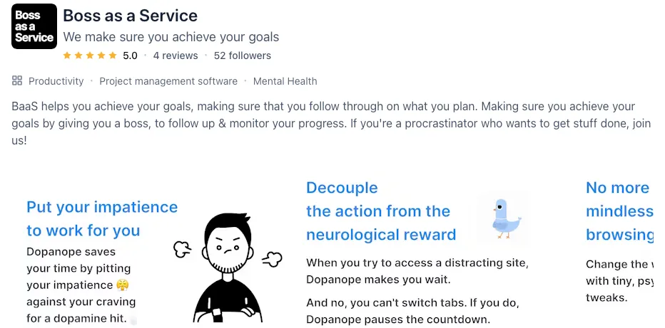BossAsAService website screenshot showing its product description and feature highlights