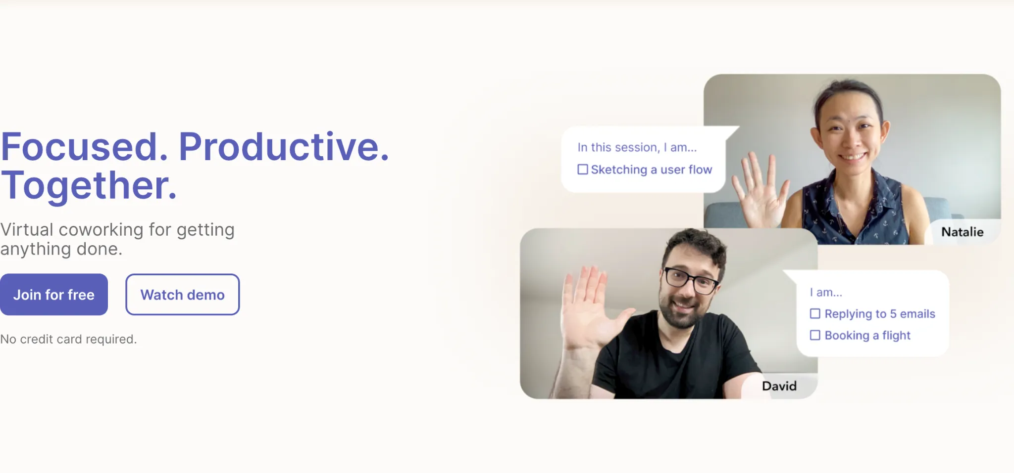Focusmate website screenshot showing two people on a virtual coworking video call