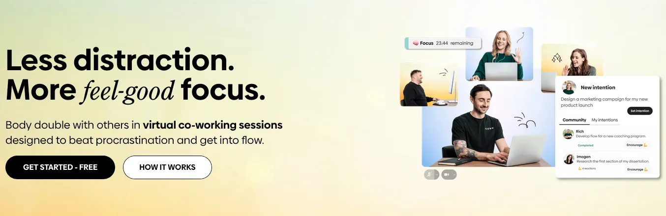 Flown website screenshot showing people in a virtual co-working focus session