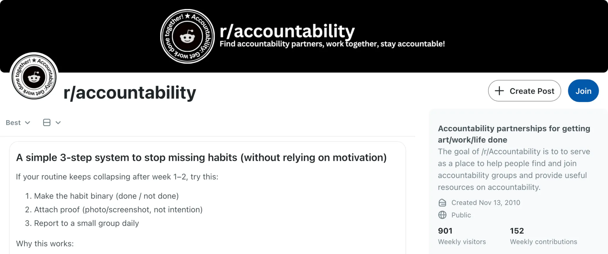 Reddit r/accountability subreddit page showing accountability partner posts