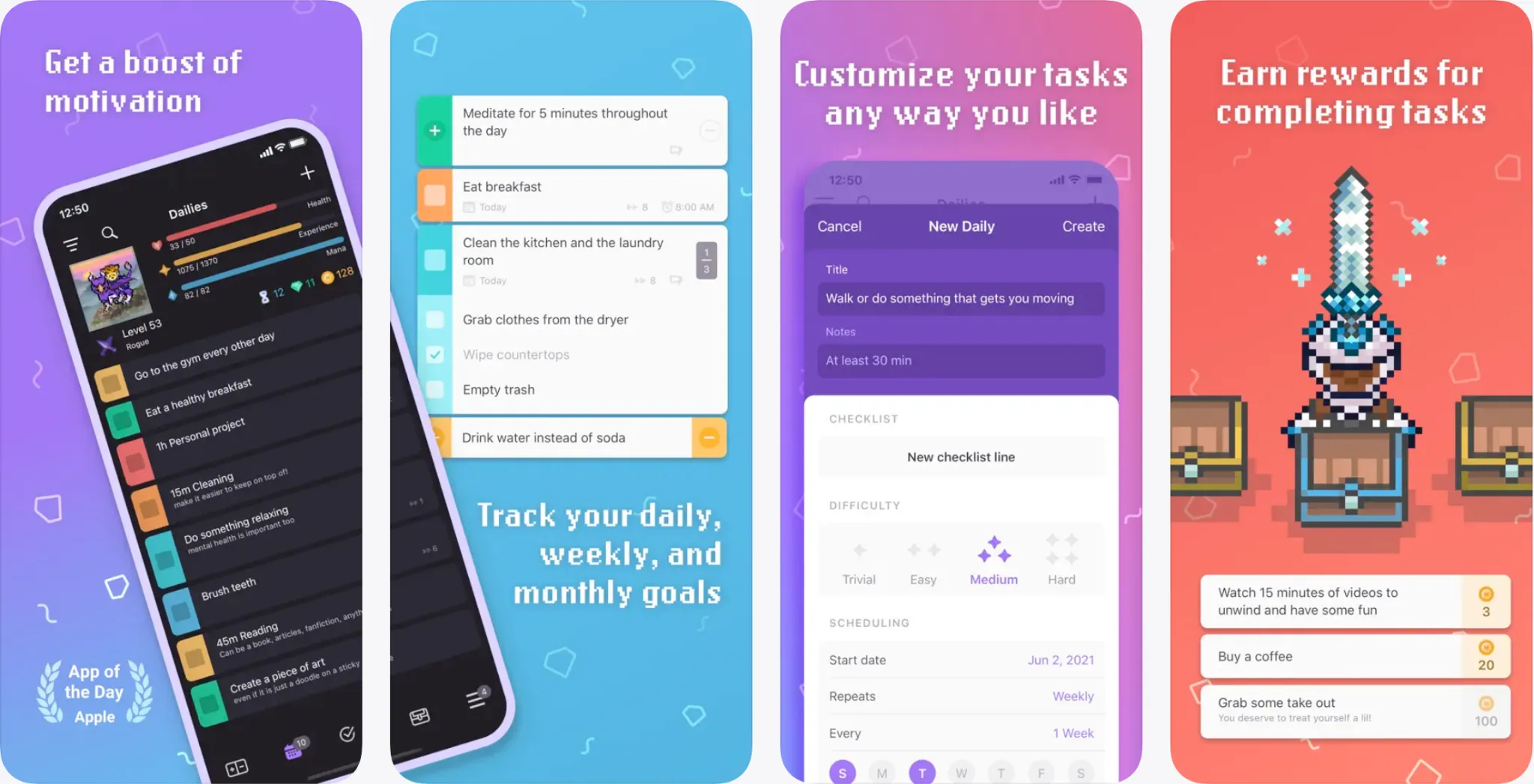 Habitica app screens showing RPG-style dailies, tasks and a reward shop