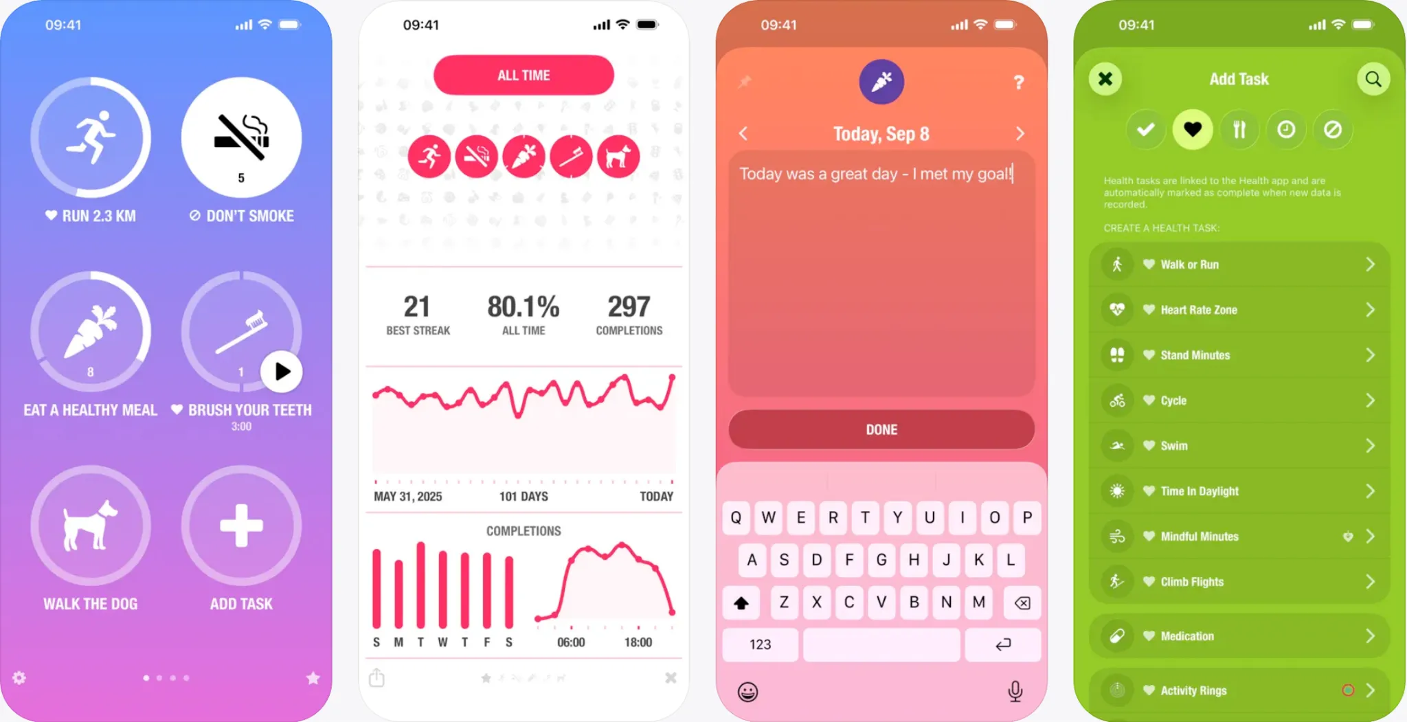 Streaks app screens showing habit icons and weekly completion charts