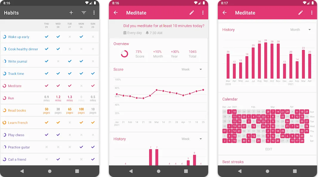 Loop Habit Tracker screens showing a habit list and meditation streak history