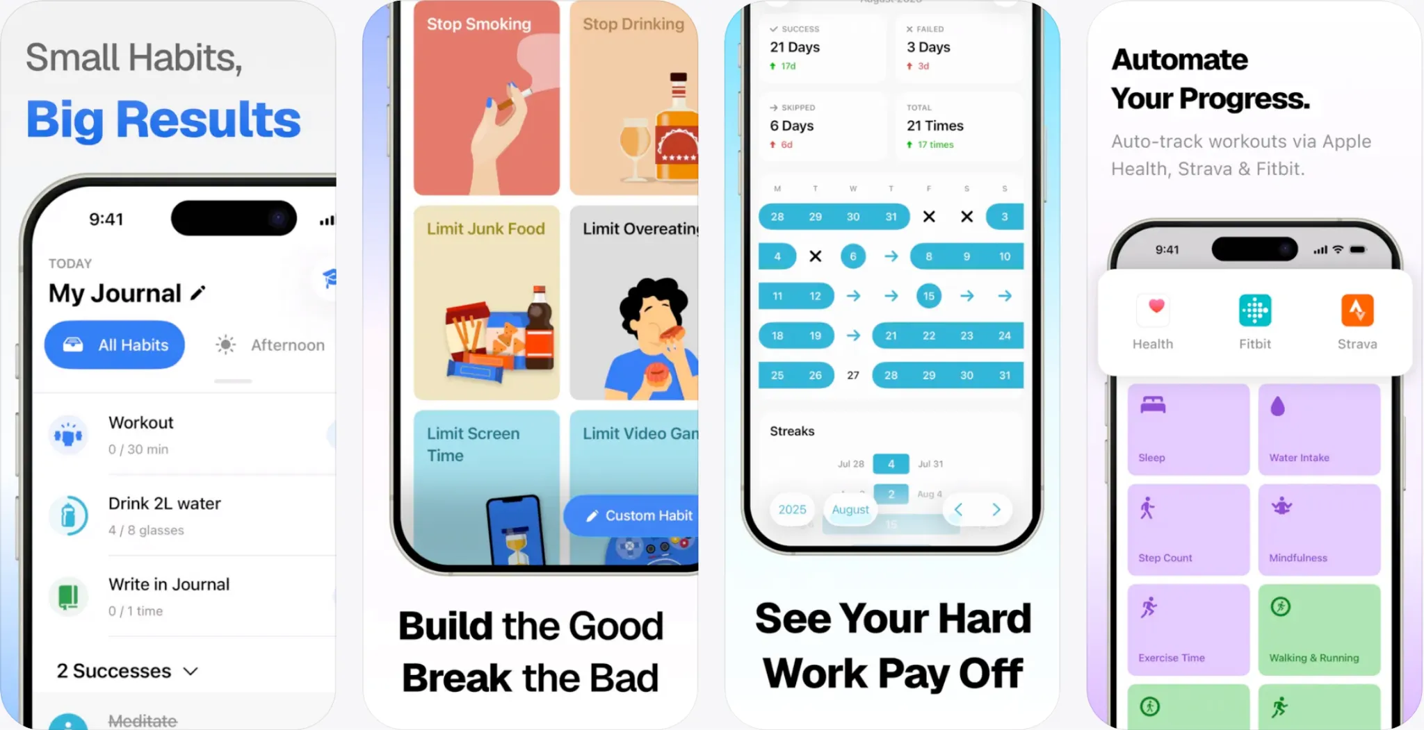 Habitify app screens showing daily journal, habit categories and health app integrations