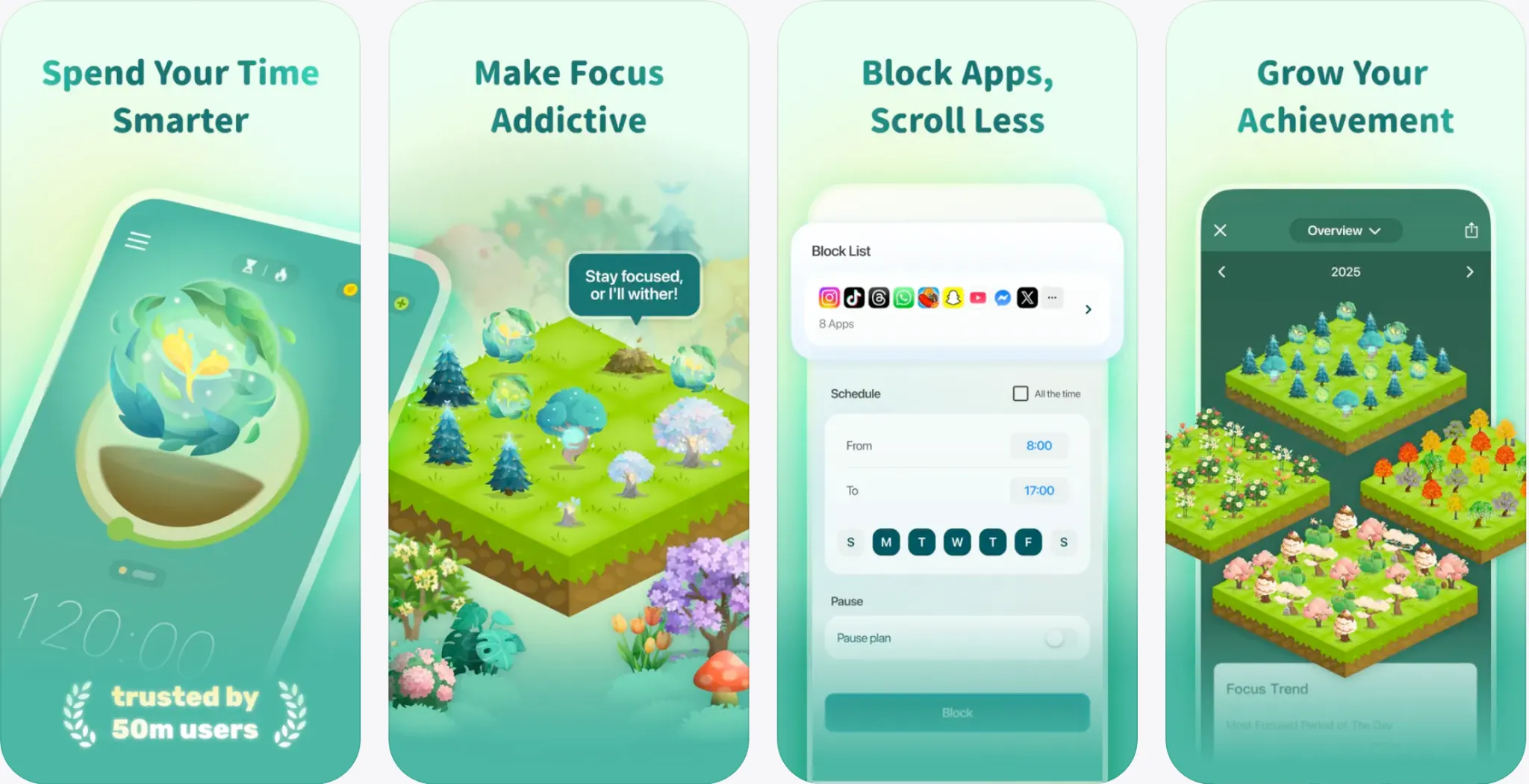 Forest app screens showing virtual trees grown by staying off your phone