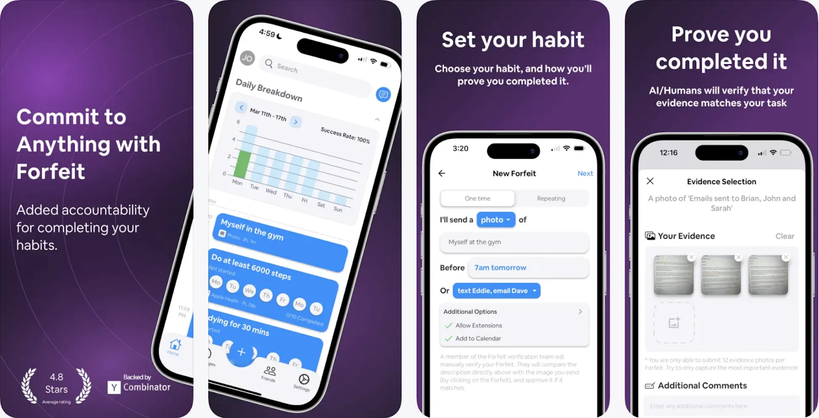 Forfeit app screens showing habit setup, progress chart and photo evidence upload