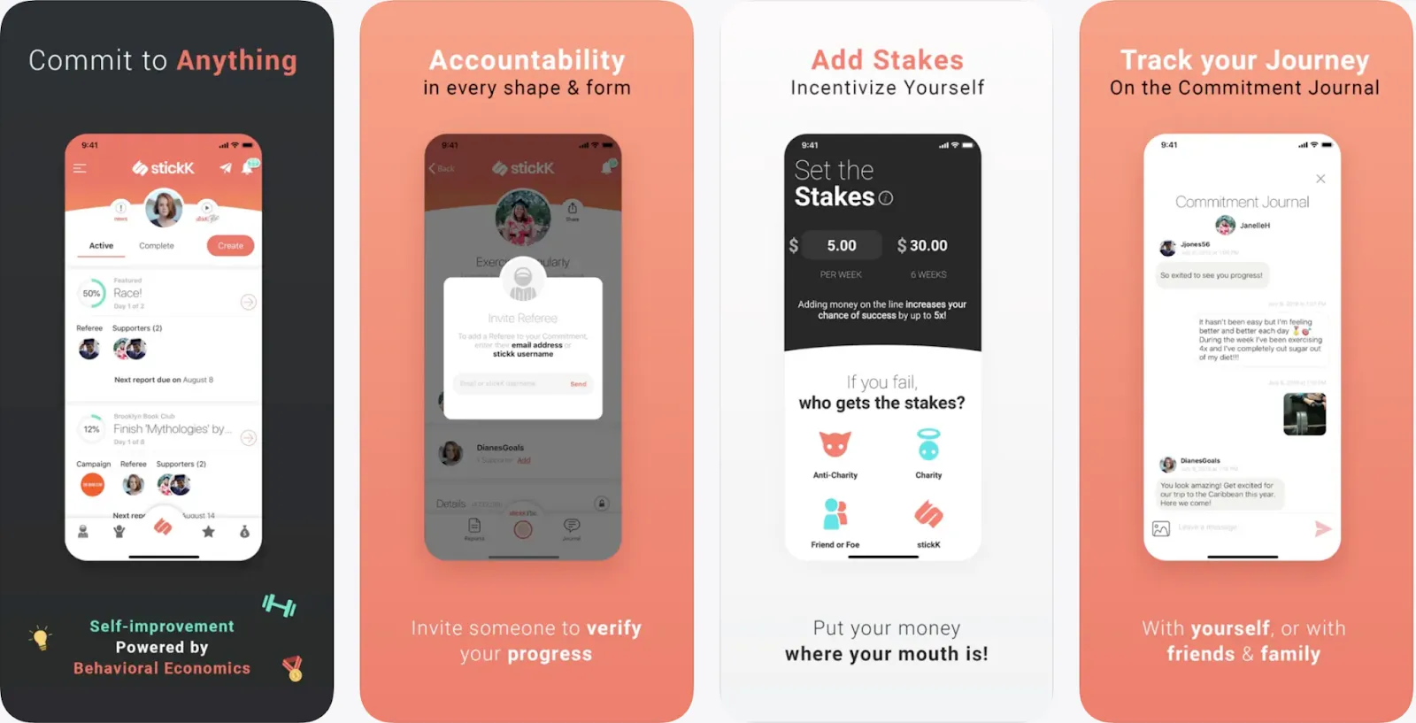 StickK app screens showing a commitment contract, referee invite and money stakes