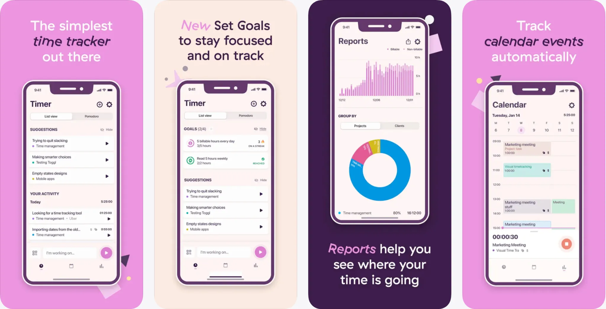Toggl Track app screens showing a timer, goals and time report charts