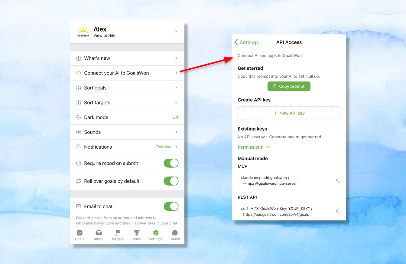 The new API Access screen in GoalsWon Settings