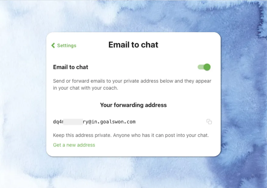 The Email to chat settings screen showing a private forwarding address with a copy button