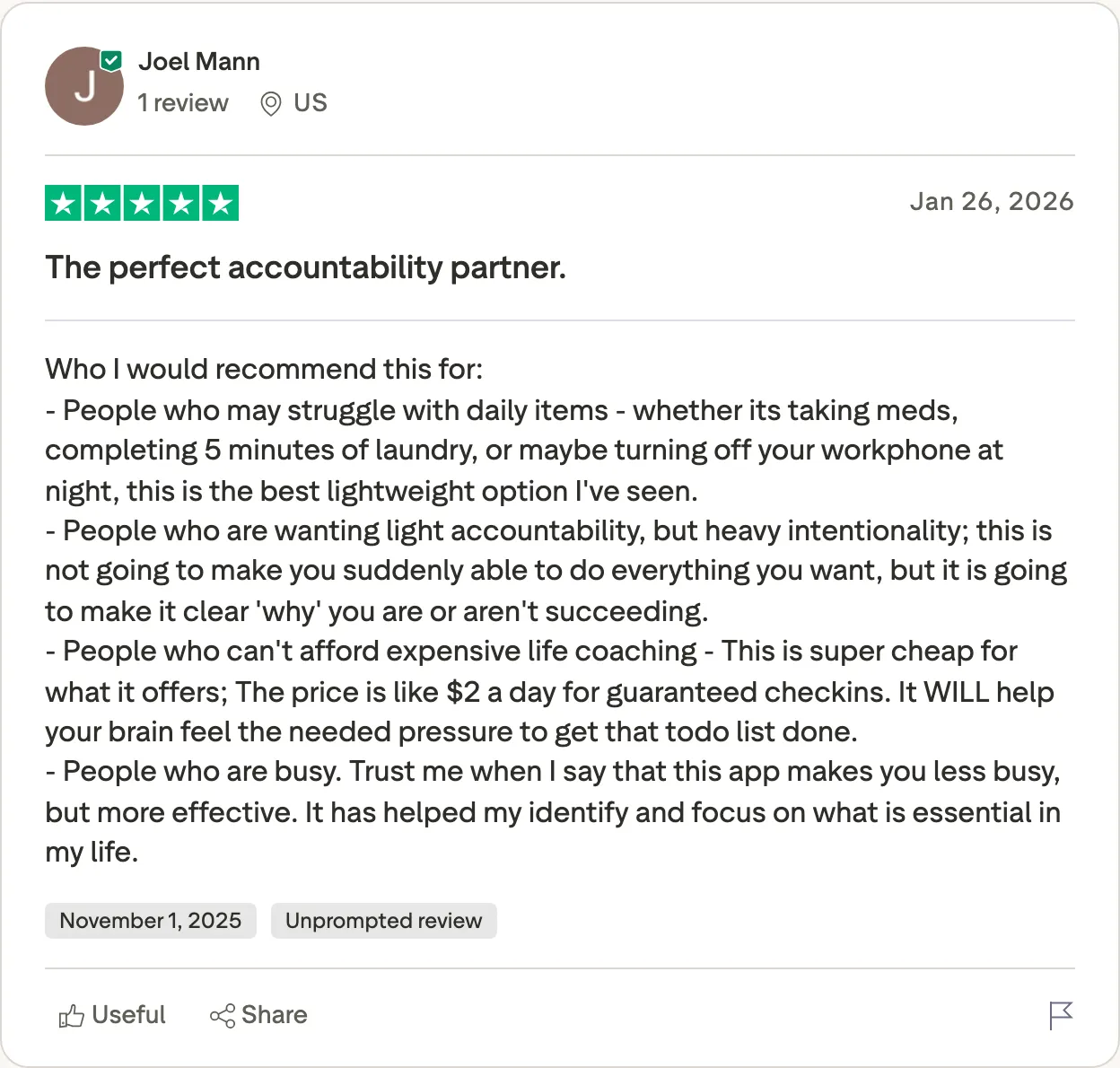 5★ Trustpilot review, 2026, from a client who also pays for therapy and a personal trainer: "This is super cheap for what it offers; The price is like $2 a day for guaranteed checkins."