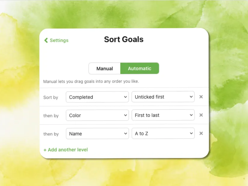 The Sort Goals screen in Automatic mode with three stacked sort levels